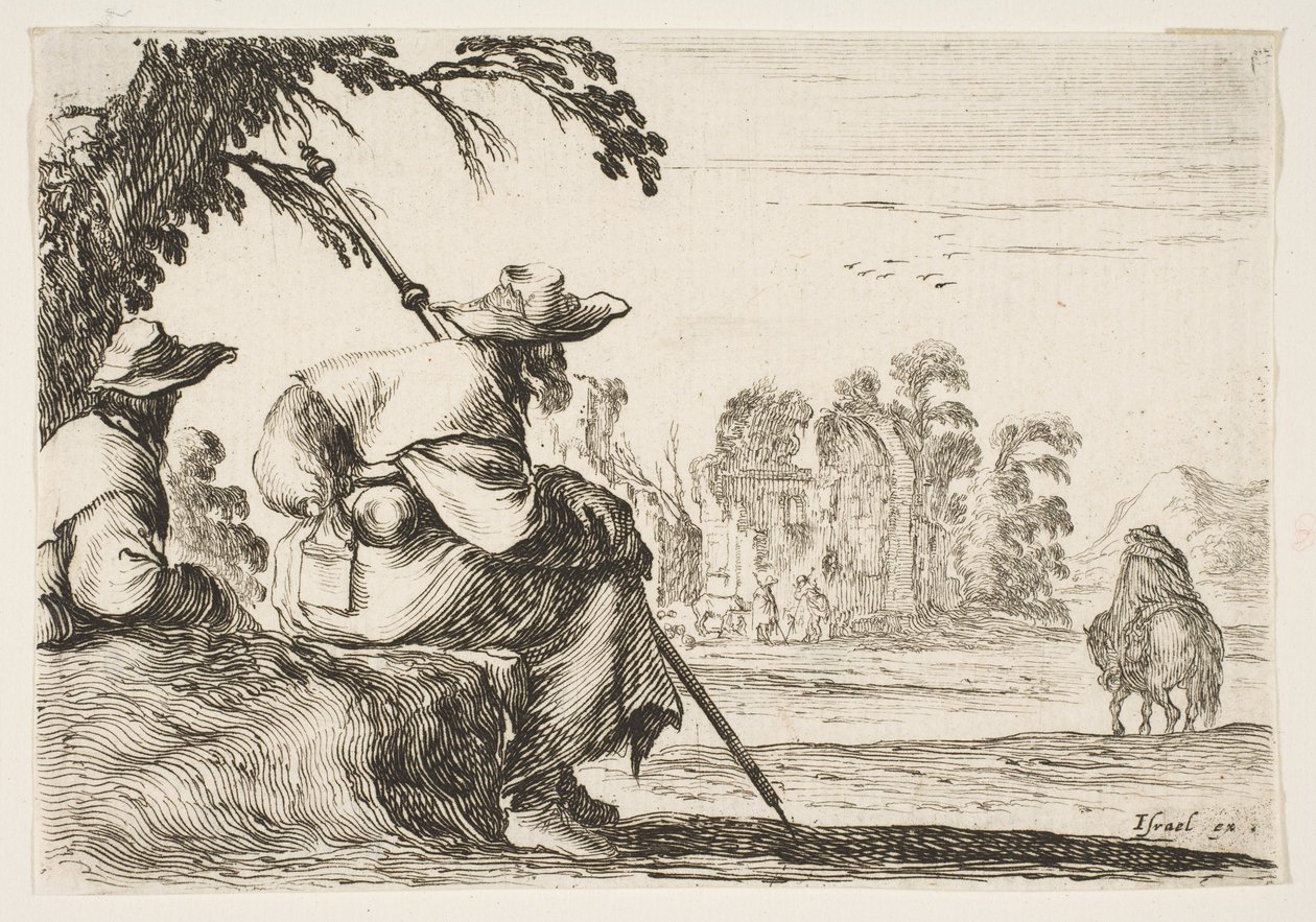 Plåt 5: två pilgrimer med hattar vilar till vänster, sedd bakifrån, rider en ryttare mot krig..., 1642. av Stefano della Bella