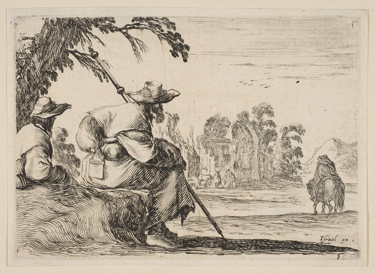 Plåt 5: två pilgrimer med hattar vilar till vänster, sedd bakifrån, rider en ryttare mot krig..., 1642. av Stefano della Bella
