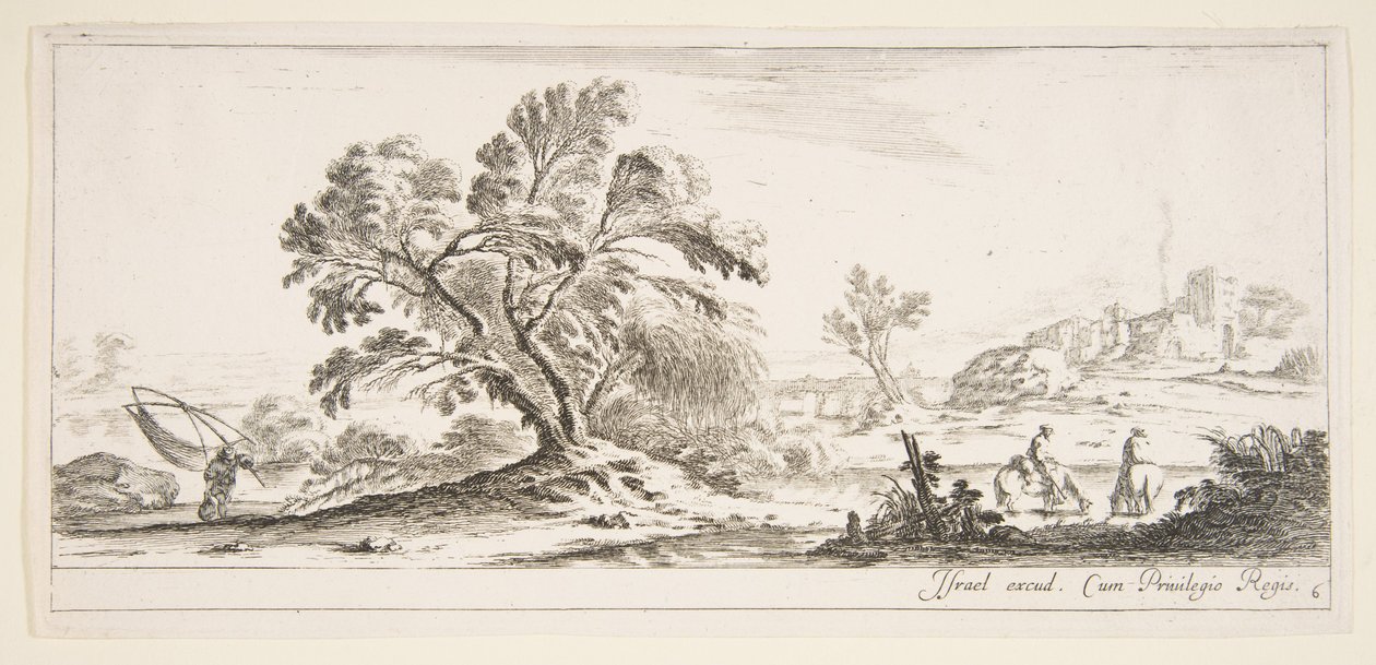 Plåt 6: en fiskare som bär ett nät till vänster, två ryttare i en bäck till höger, ett träd..., ca. 1641. av Stefano della Bella