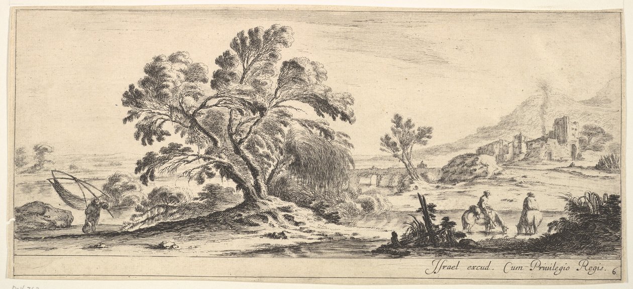 Plåt 6: en fiskare som bär ett nät till vänster, två ryttare i en bäck till höger, ett träd..., ca. 1641. av Stefano della Bella