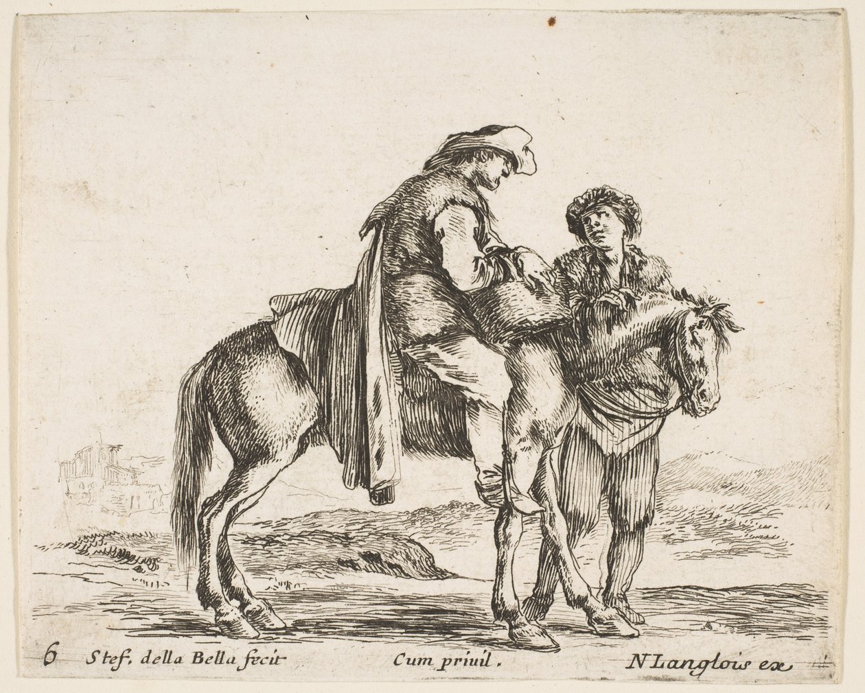 Tavla 6: en bonde till häst i profil vänd till höger, med en korg och t..., ca. 1644-47. av Stefano della Bella