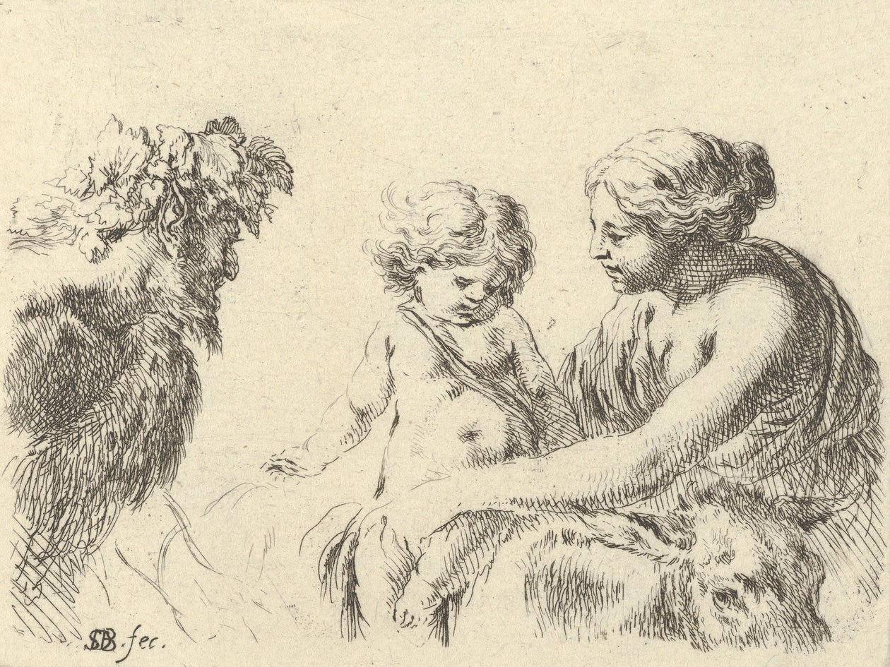 Tavla 6: en kvinna till höger som håller sitt barn som sitter ovanpå en åsna, en satyr vid l..., ca. 1646. av Stefano della Bella