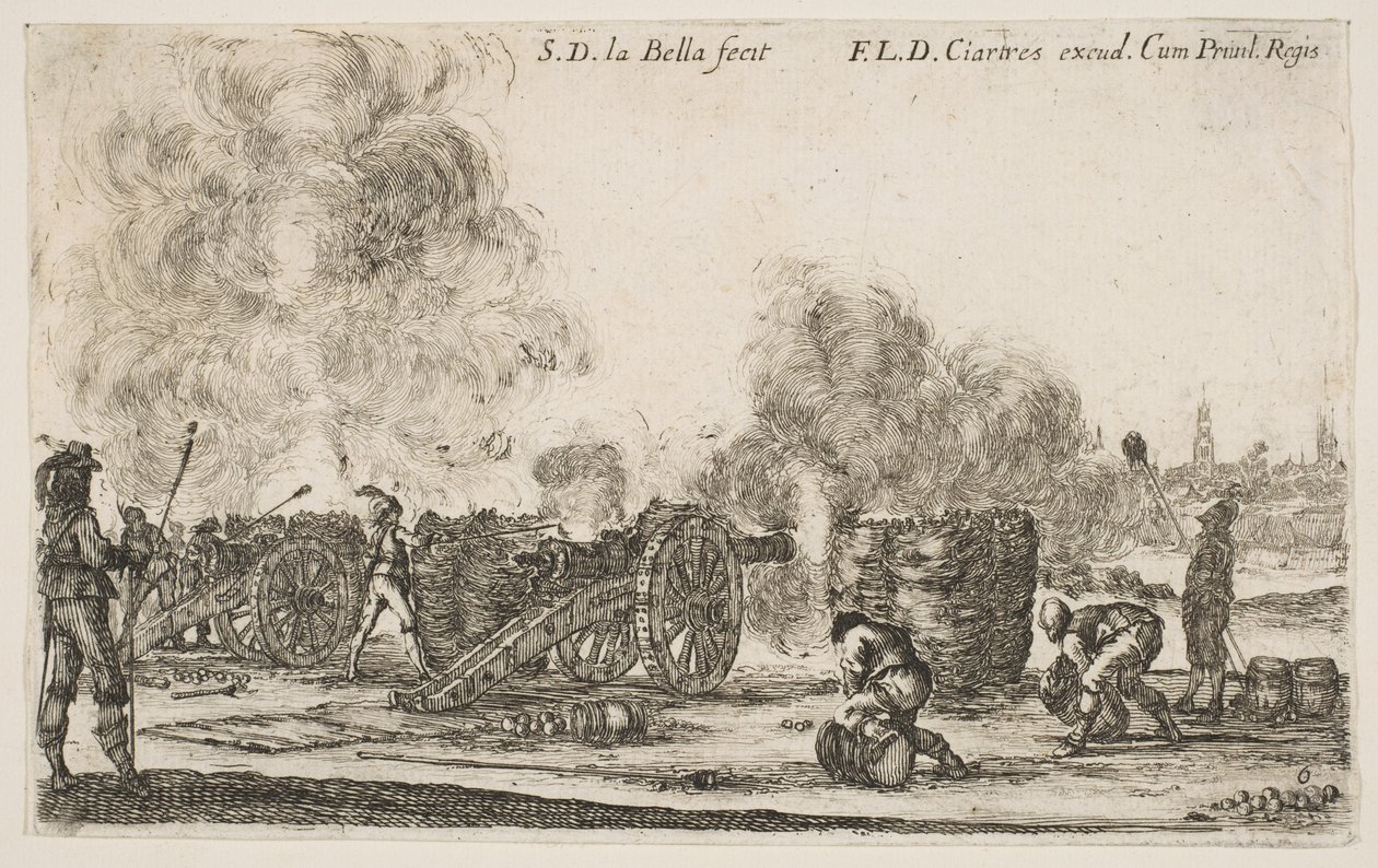Plåt 6: batteri av kanoner som skjuter mot en stad, från Various Military Caprices Varii ..., ca. 1641. av Stefano della Bella