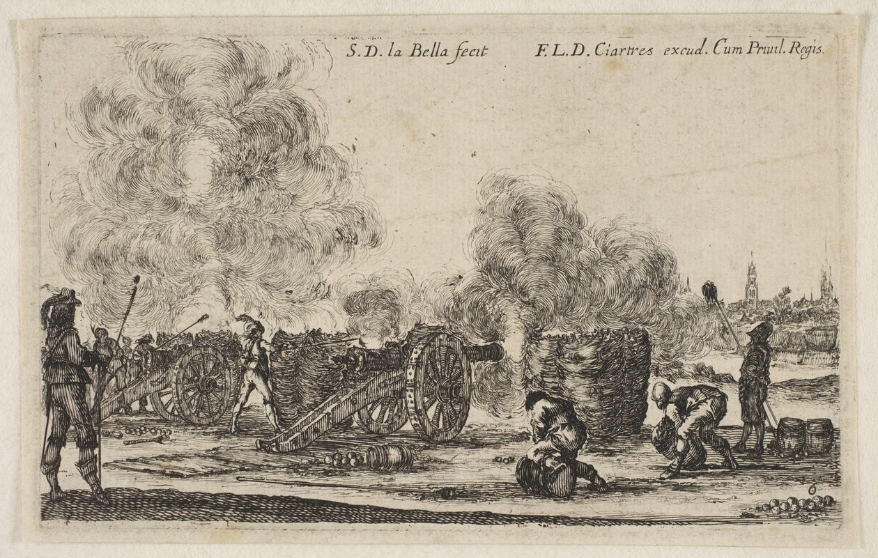 Plåt 6: batteri av kanoner som skjuter mot en stad, från Various Military Caprices Varii ..., ca. 1641. av Stefano della Bella
