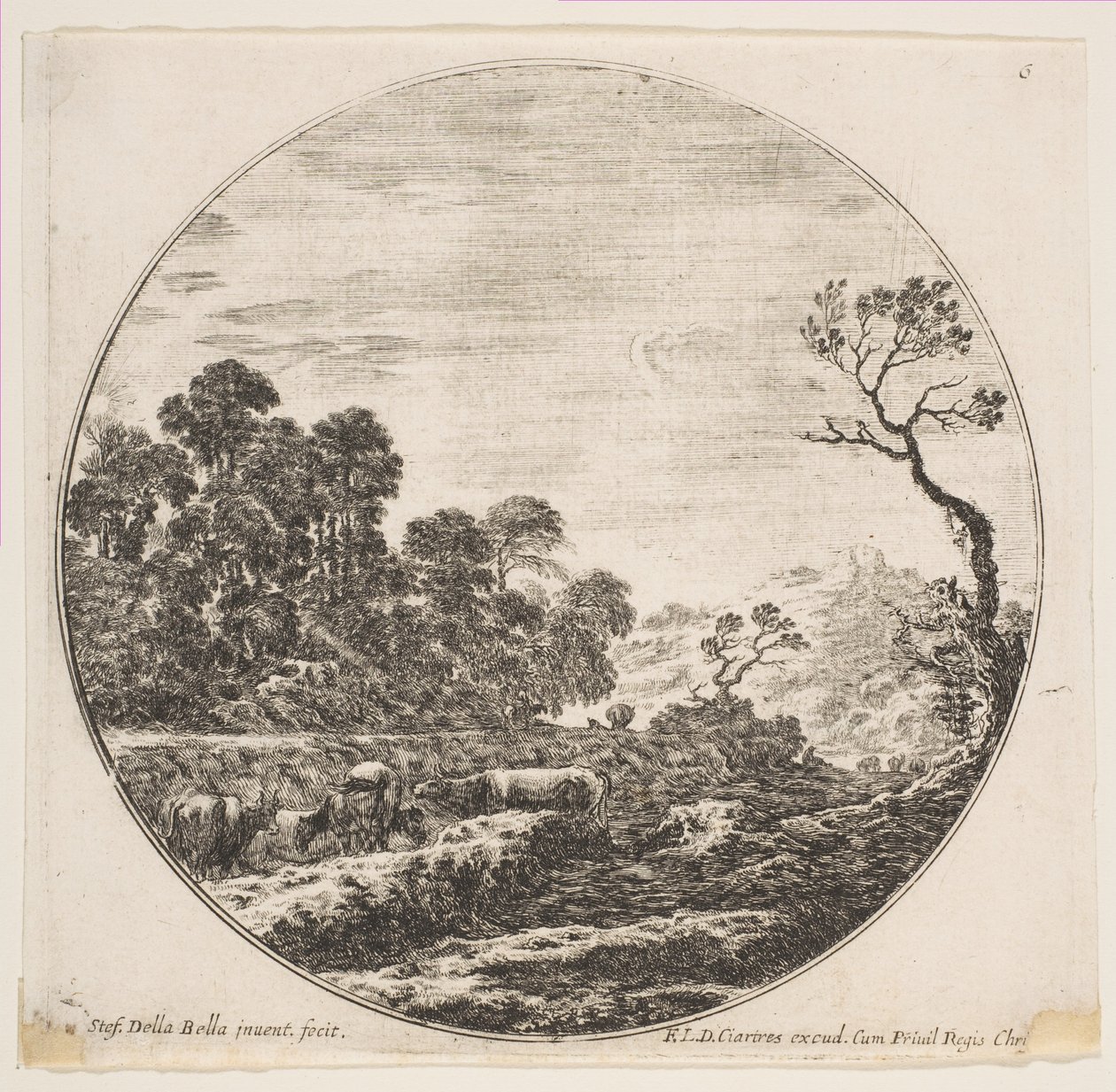 Plåt 6: kor som korsar en dal till vänster, en ryttare och andra kor i bakgrunden..., ca. 1646. av Stefano della Bella