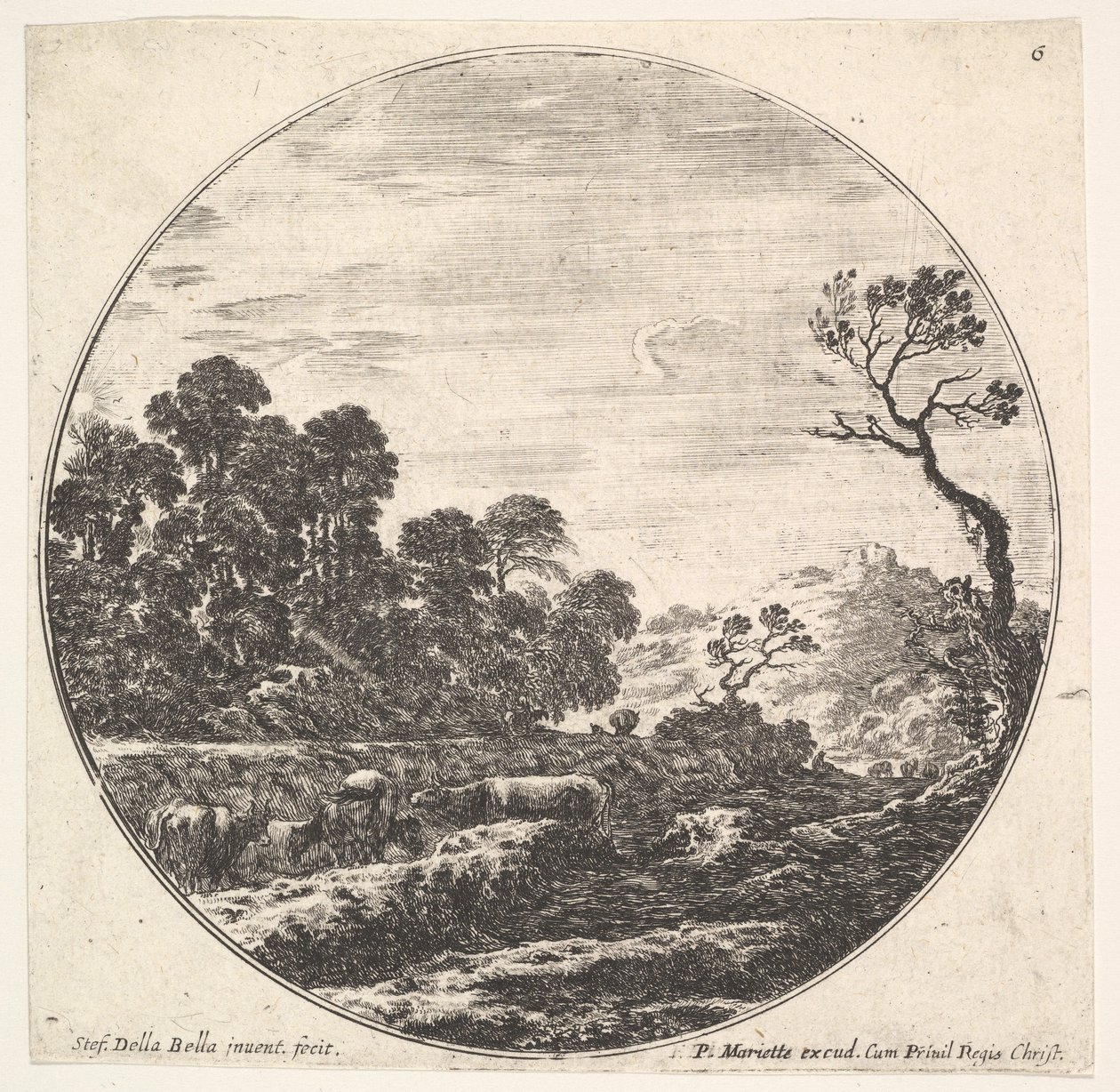 Plåt 6: kor som korsar en dal till vänster, en grupp träd till vänster, en ryttare och o..., ca. 1643-48. av Stefano della Bella