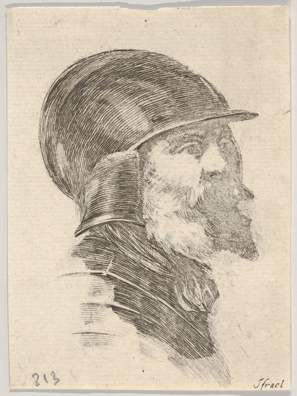 Plåt 6: huvudet på en gammal skäggig soldat med hjälm vänd åt höger, från Various heads..., 1650. av Stefano della Bella