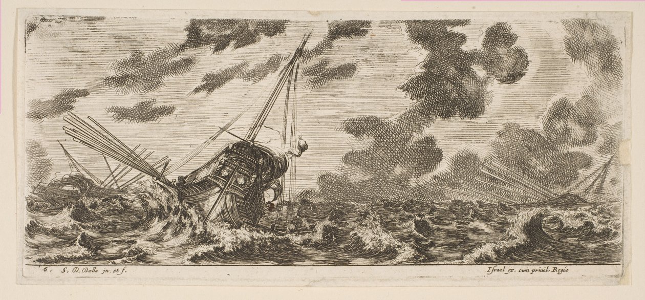 Plåt 6: tre fartyg i en storm, från Various Embarkations Divers embarquements, ca. 1646-47. av Stefano della Bella