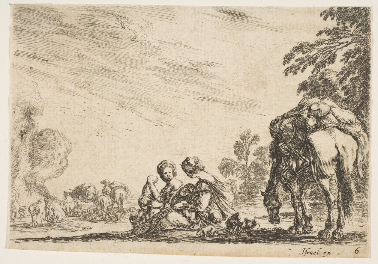 Skylt 6: två kvinnor, en som ammar ett barn, sittande bredvid en hund och en häst som bär en flock..., 1642. av Stefano della Bella