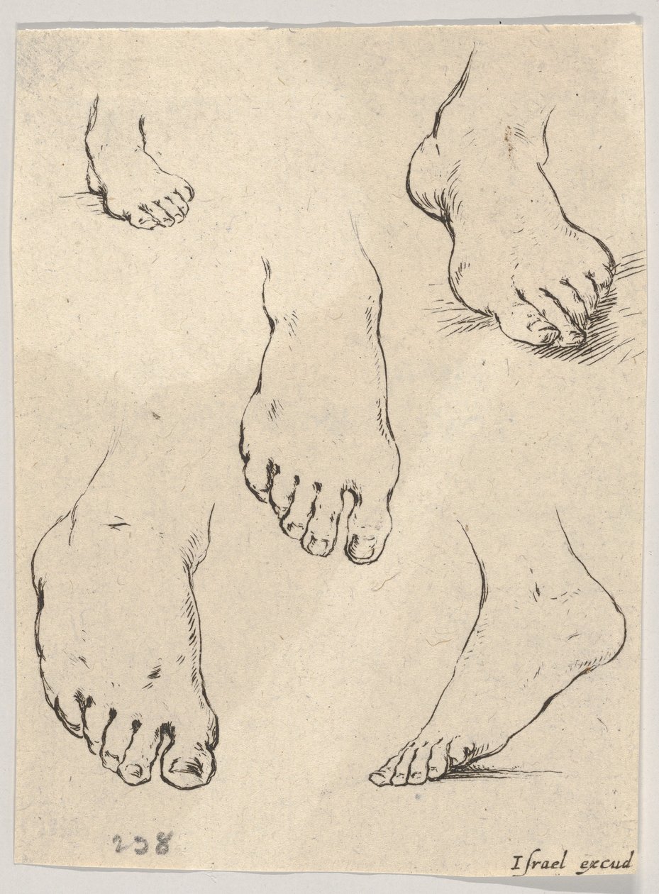Tavla 7: Fem fot, från The Book for Learning to Draw Livre pour apprendre à dessi..., ca. 1649. av Stefano della Bella