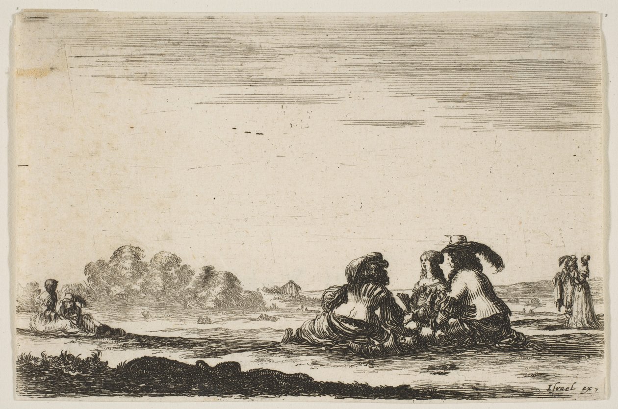 Plåt 7: Två adelsmän sittande i mitten, sedda bakifrån, samtalande med ett adelshav..., 1642. av Stefano della Bella