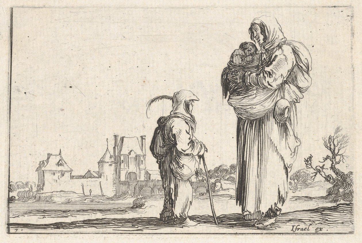 Tavla 7: en bondkvinna som bär ett barn till höger, talar med ett annat barn som står..., ca. 1642. av Stefano della Bella