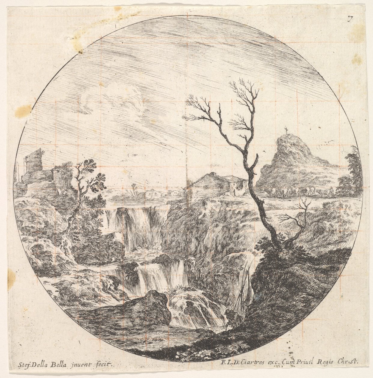 Platta 7: ett tredubbelt vattenfall, ett dött träd till höger, ett berg och en flock kor till..., ca. 1643-48. av Stefano della Bella