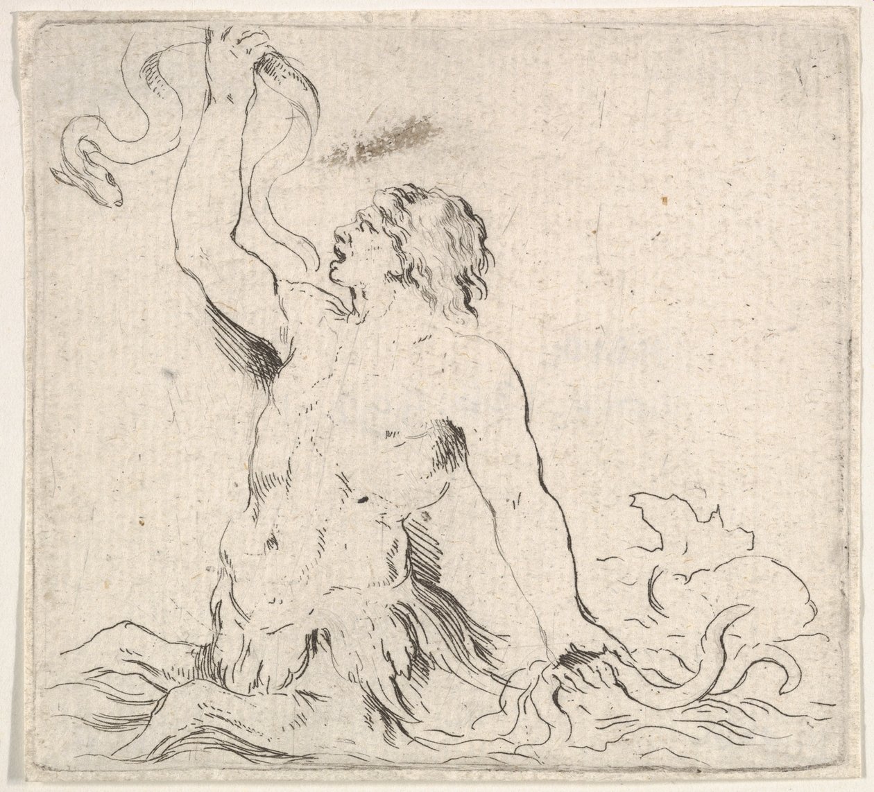 Tavla 7: en triton i vattnet, vänd åt vänster, håller upp en ål i höger hand och t..., ca. 1646. av Stefano della Bella