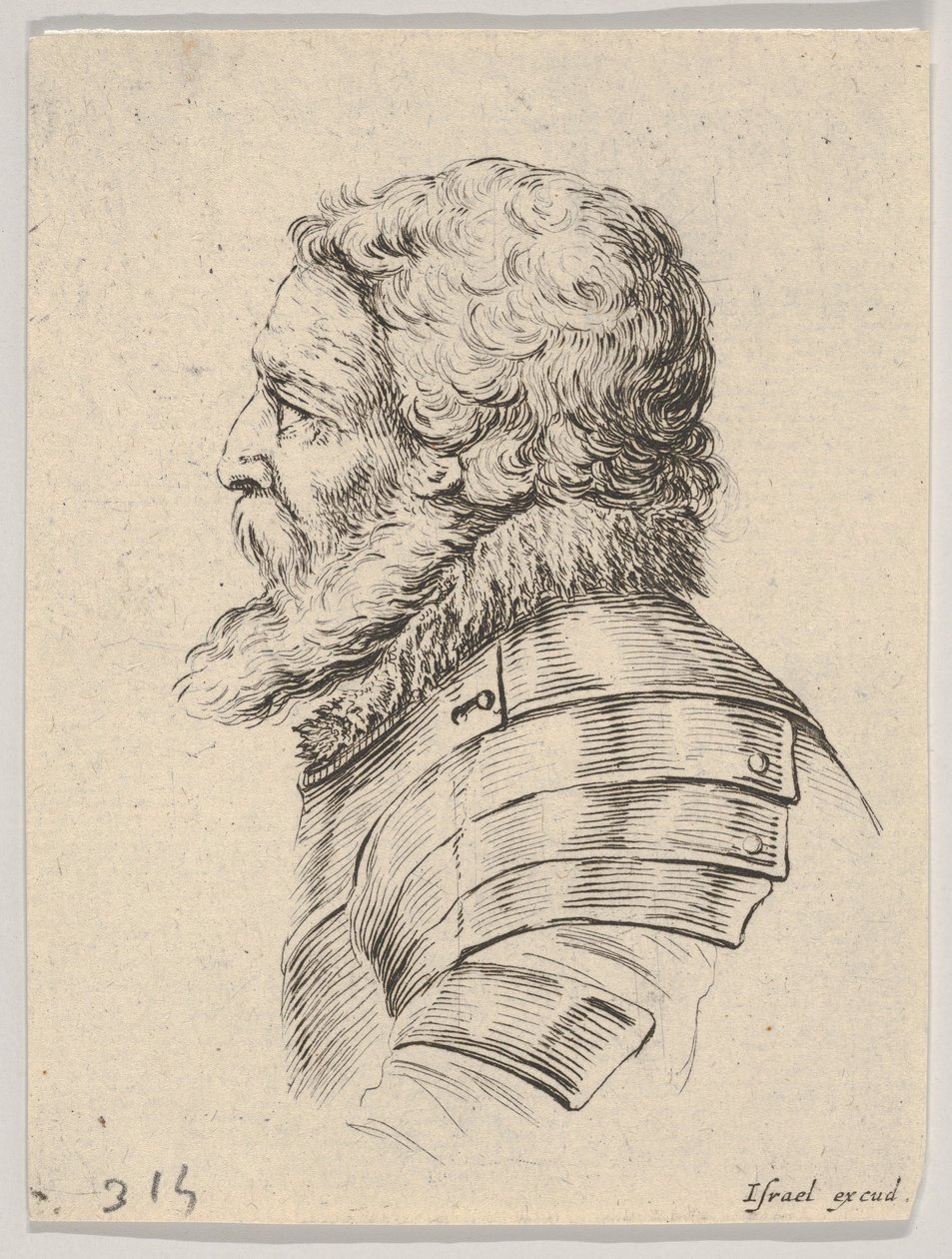 Skylt 7: byst av en skäggig soldat som bär rustning, vänd åt vänster i profil, från Various he..., 1650. av Stefano della Bella