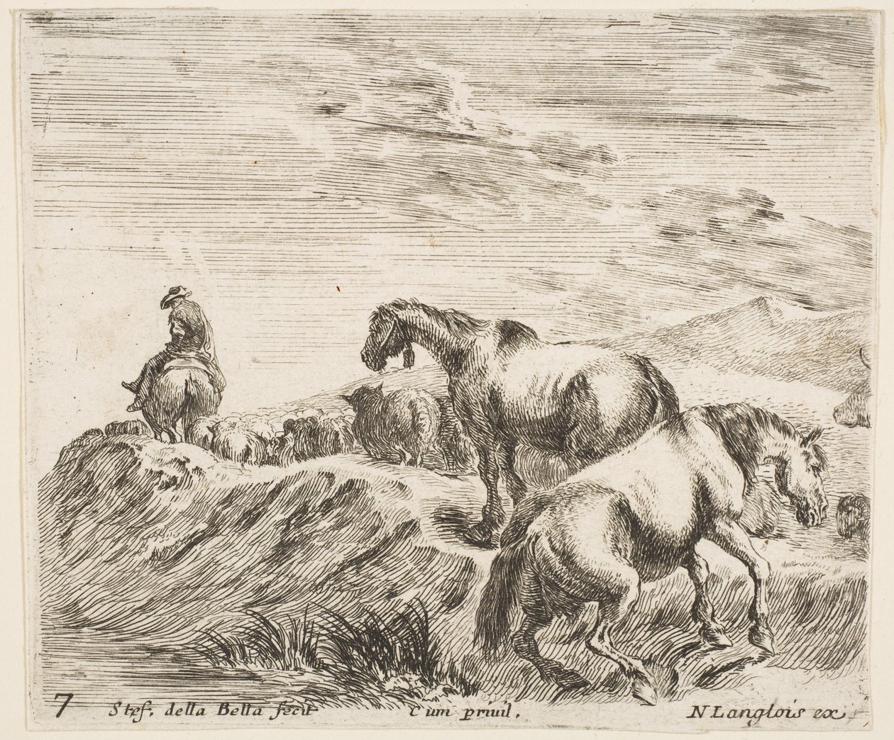 Plåt 7: två hästar som stiger uppför stranden av en flod till höger, efter en procession ..., ca. 1644-47. av Stefano della Bella