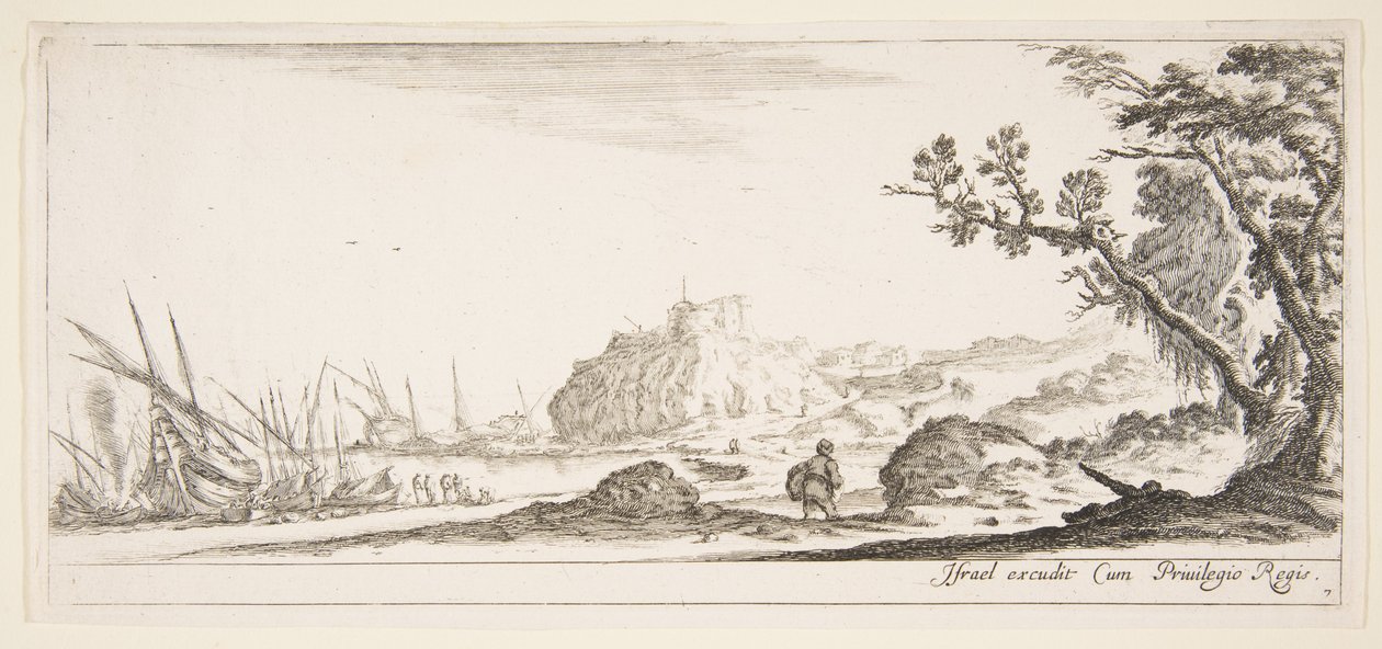 Skylt 7: olika båtar på land till vänster, en man som bär en väska, sedd bakifrån och..., ca. 1641. av Stefano della Bella