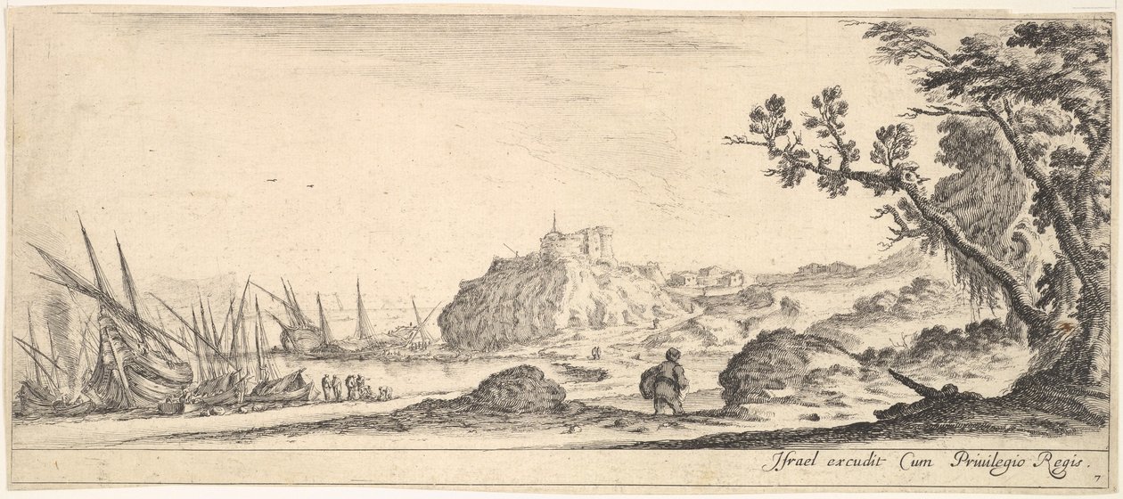 Skylt 7: olika båtar på land till vänster, en man som bär en väska, sedd bakifrån och..., ca. 1641. av Stefano della Bella
