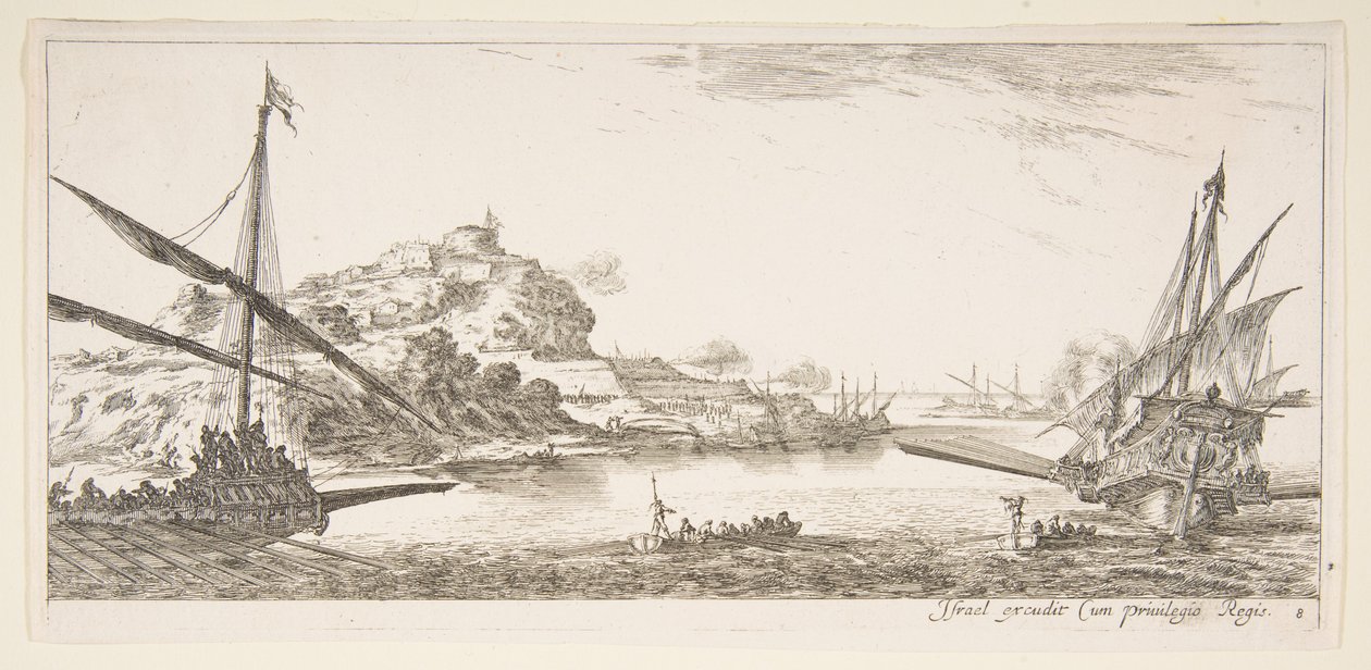 Plåt 8: A fören av en byss till vänster och en annan byss till höger, sedd bakifrån..., ca. 1641. av Stefano della Bella