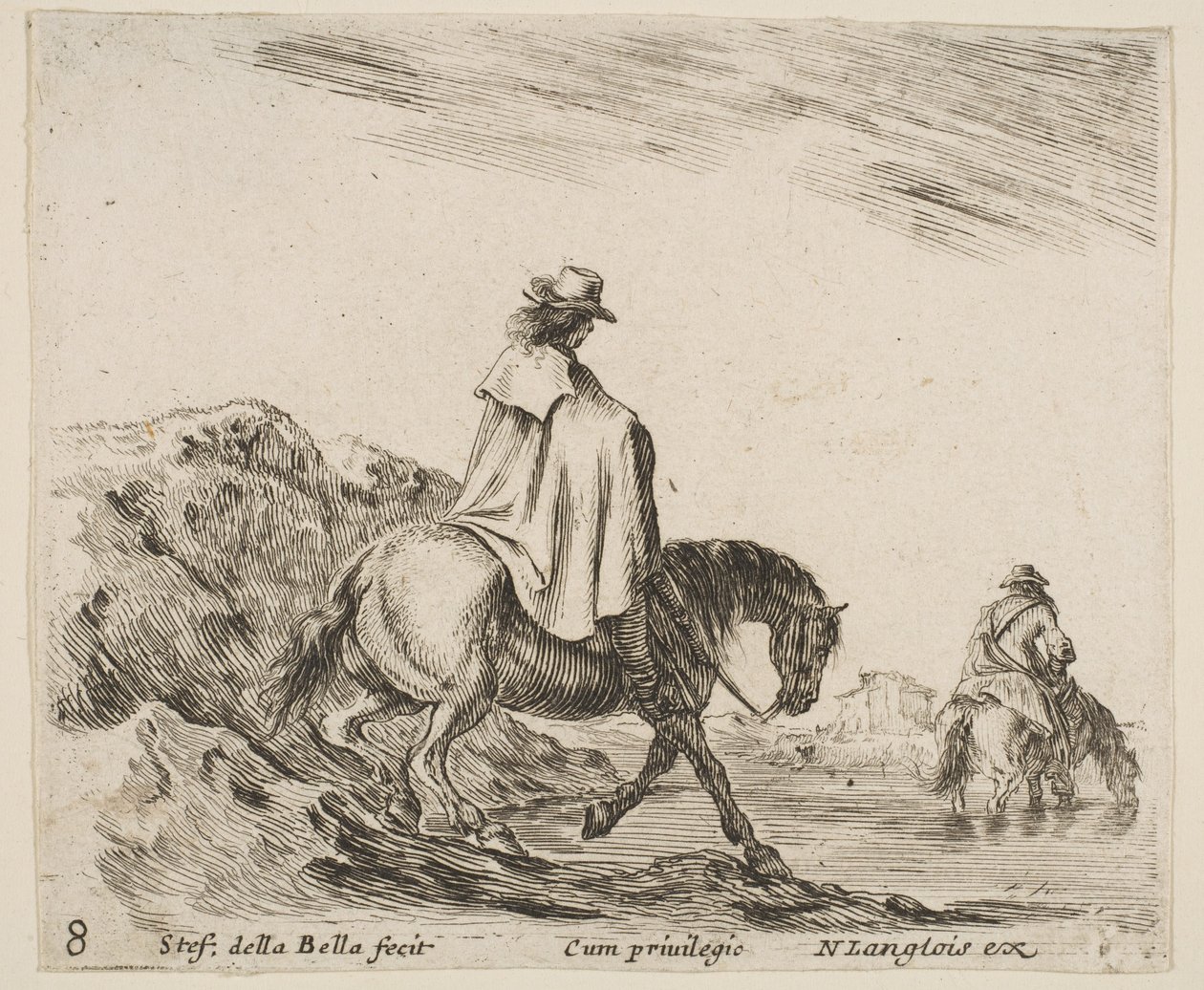 Plåt 8: en ryttare går ner för en flodstrand, en annan ryttare i floden till höger, från ..., ca. 1644-47. av Stefano della Bella