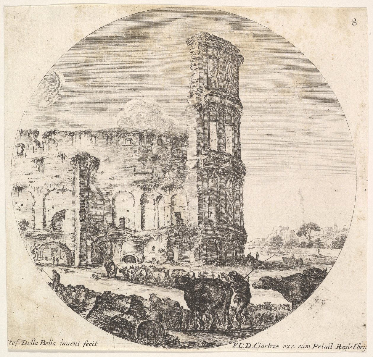 Tavla 8: Colosseum, två flockar som riktas mot amfiteatern i fo..., ca. 1643-48. av Stefano della Bella