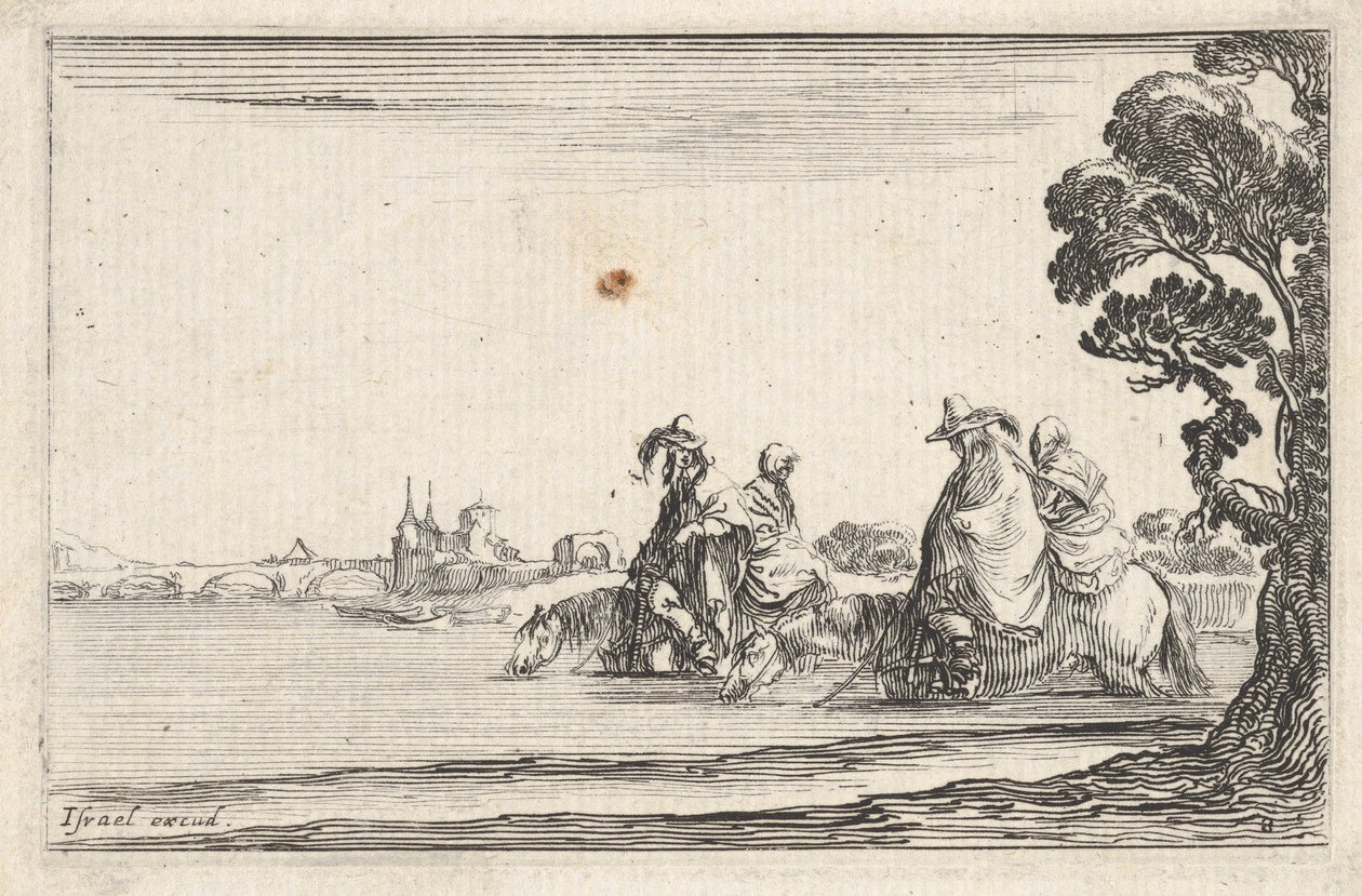 Tavla 8: två ryttare i hatt till höger, vardera med en kvinna bakom sig, ridande på..., ca. 1642. av Stefano della Bella