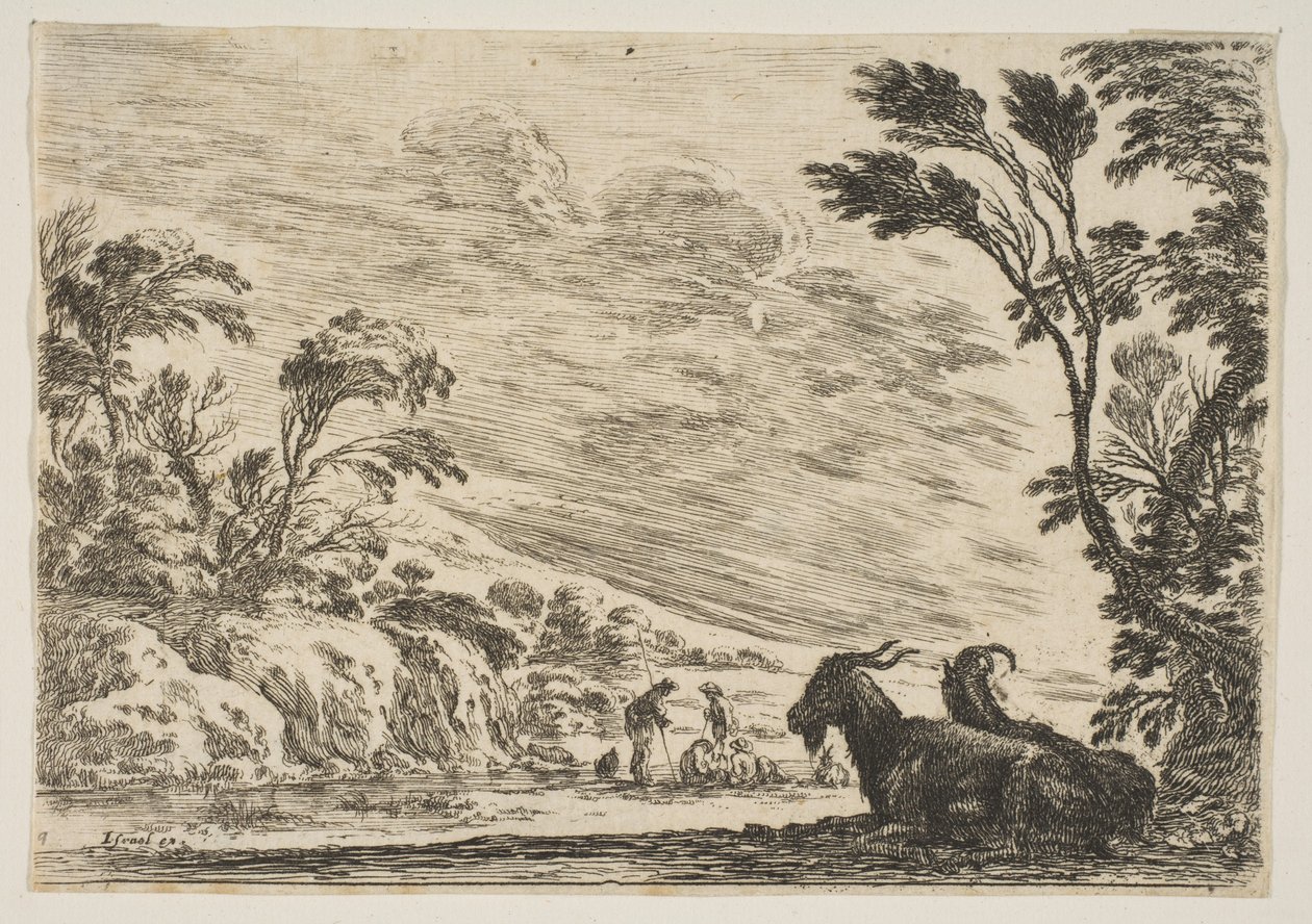Plåt 9: Två getter vilande åt höger, vända åt vänster, fyra män och en häst i ett ri..., 1642. av Stefano della Bella