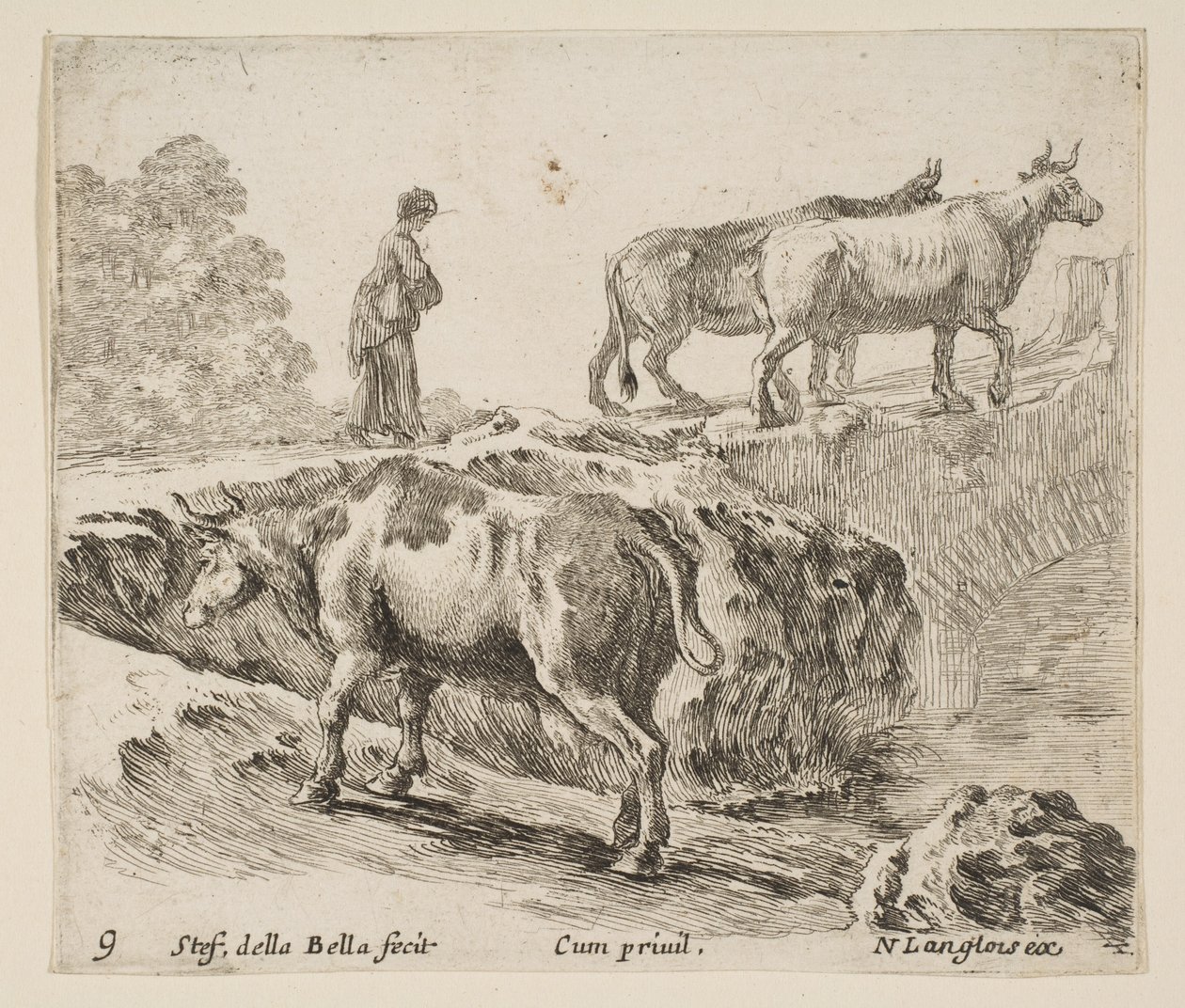 Tavla 9: en ko som går upp på en bank, en bondkvinna som leder två kor över en bro i..., ca. 1644-47. av Stefano della Bella