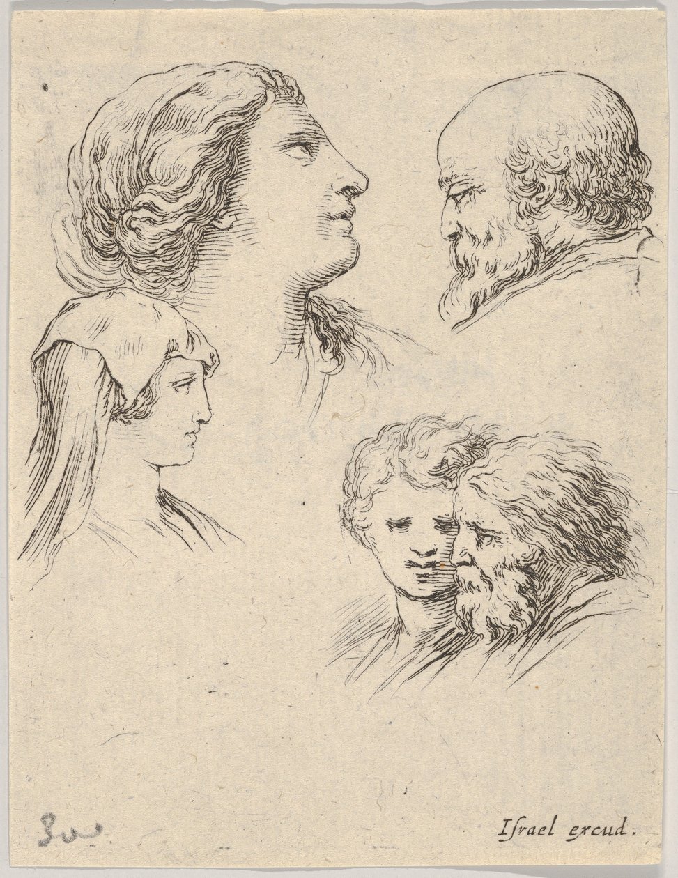 Tavla 9: fem huvuden, två unga kvinnor till vänster, en skäggig man uppe till höger, en ung kvinna..., ca. 1649. av Stefano della Bella