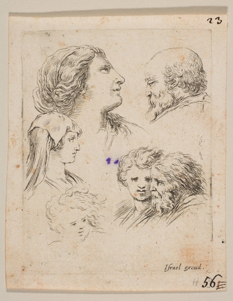 Tavla 9: fem huvuden, två unga kvinnor till vänster, en skäggig man uppe till höger, en ung kvinna..., ca. 1649. av Stefano della Bella