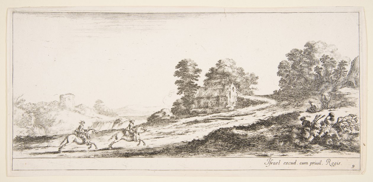 Plåt 9: två ryttare till vänster galopperande uppför mot höger, en häst och sittande m..., ca. 1641. av Stefano della Bella