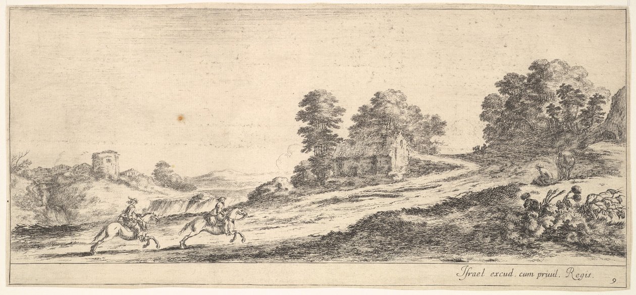 Plåt 9: två ryttare till vänster galopperande uppför mot höger, en häst och sittande m..., ca. 1641. av Stefano della Bella