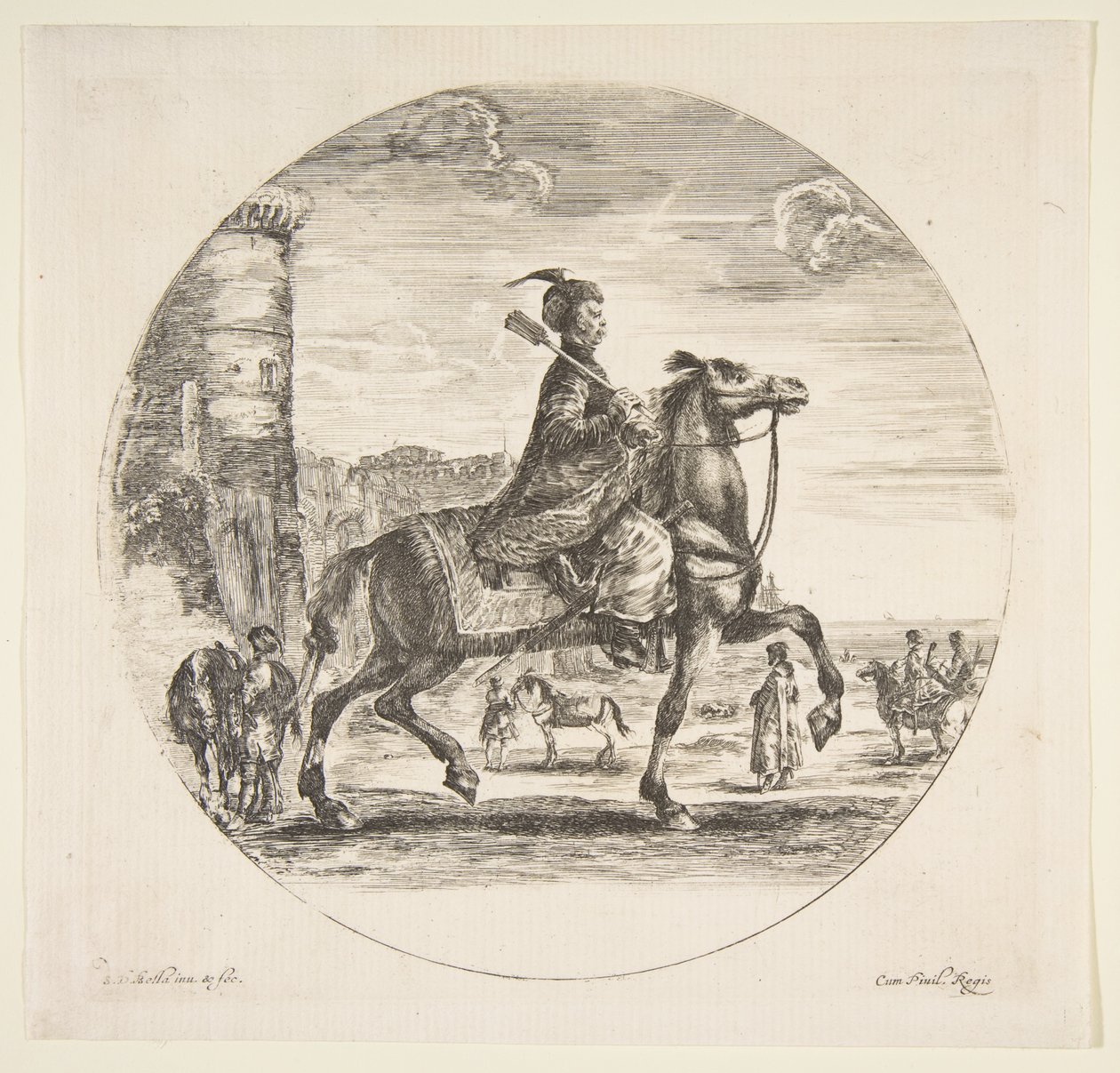 Polsk ryttare i profil vänd åt höger, ett torn och andra figurer på hästar i bakgrunden, ca. 1651. av Stefano della Bella