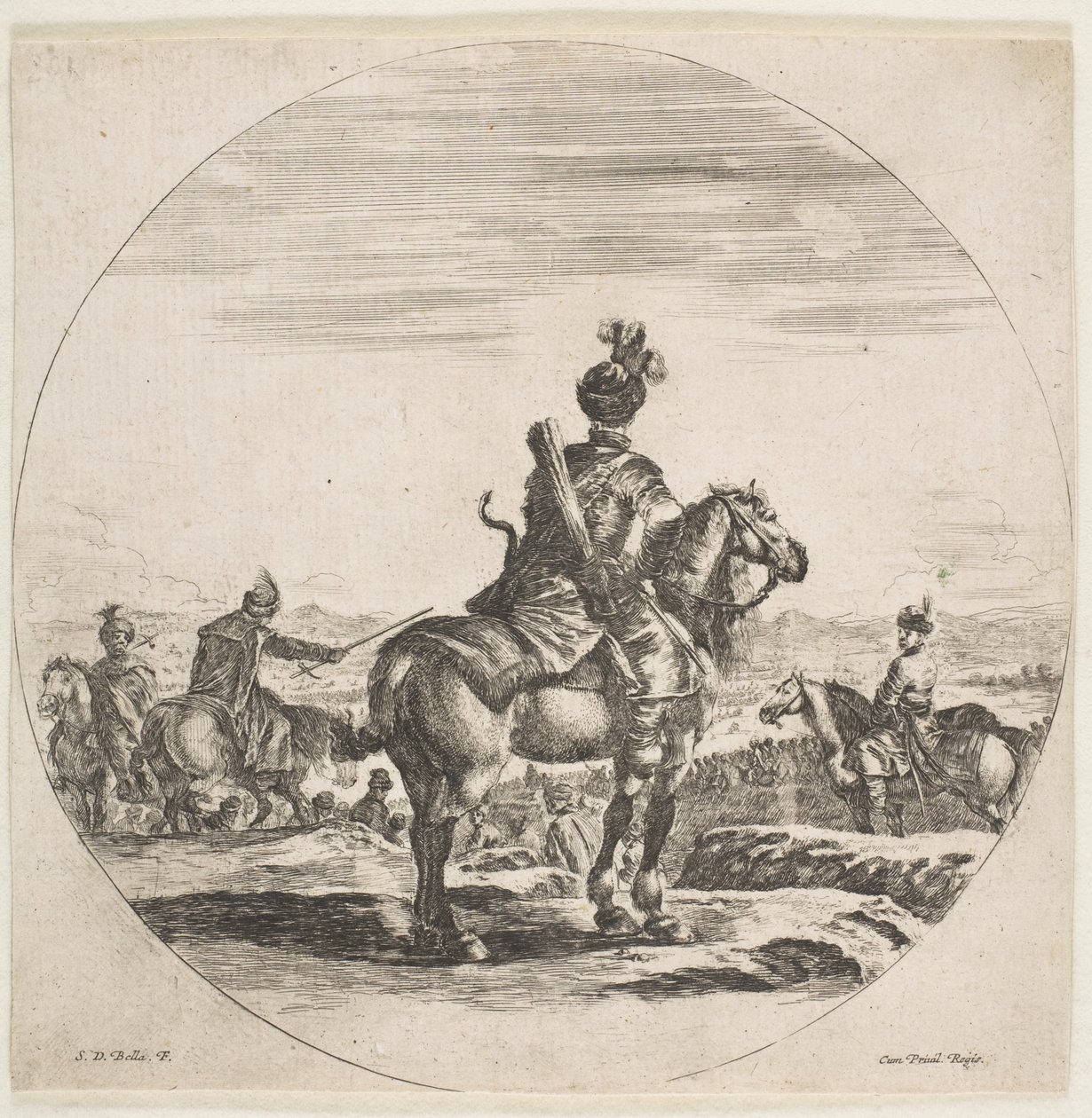 Polsk ryttare med pil och båge, sedd bakifrån med hästen vänd åt höger, en ..., ca. 1651. av Stefano della Bella
