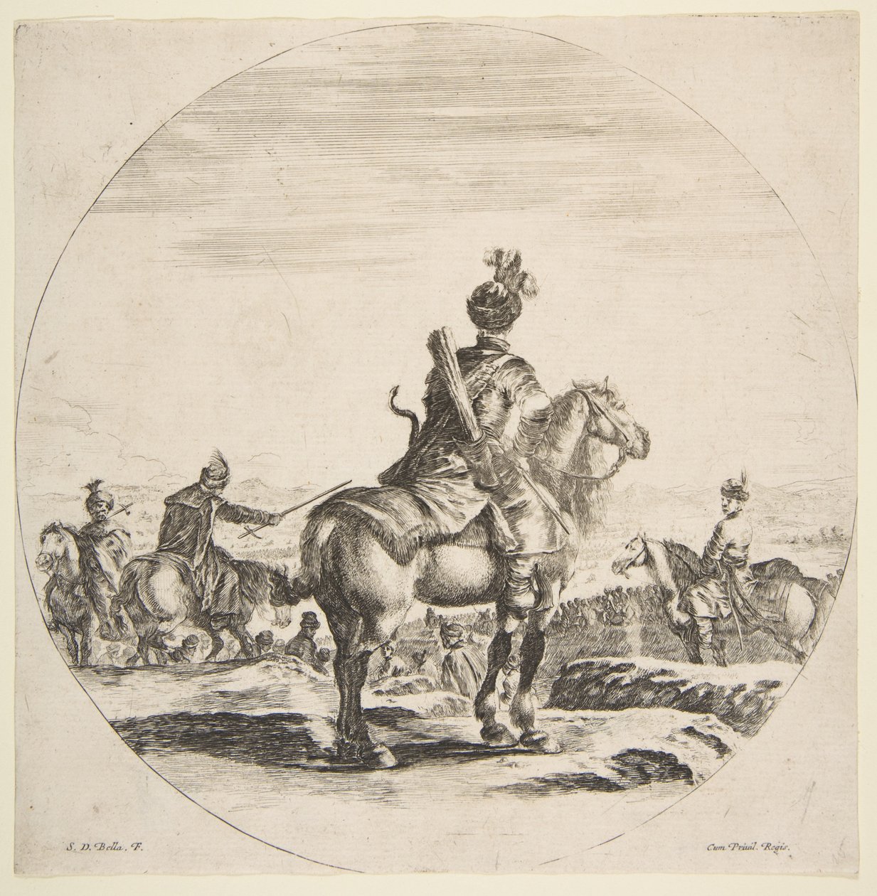 Polsk ryttare med pil och båge, sedd bakifrån med hästen vänd åt höger, en ..., ca. 1651. av Stefano della Bella