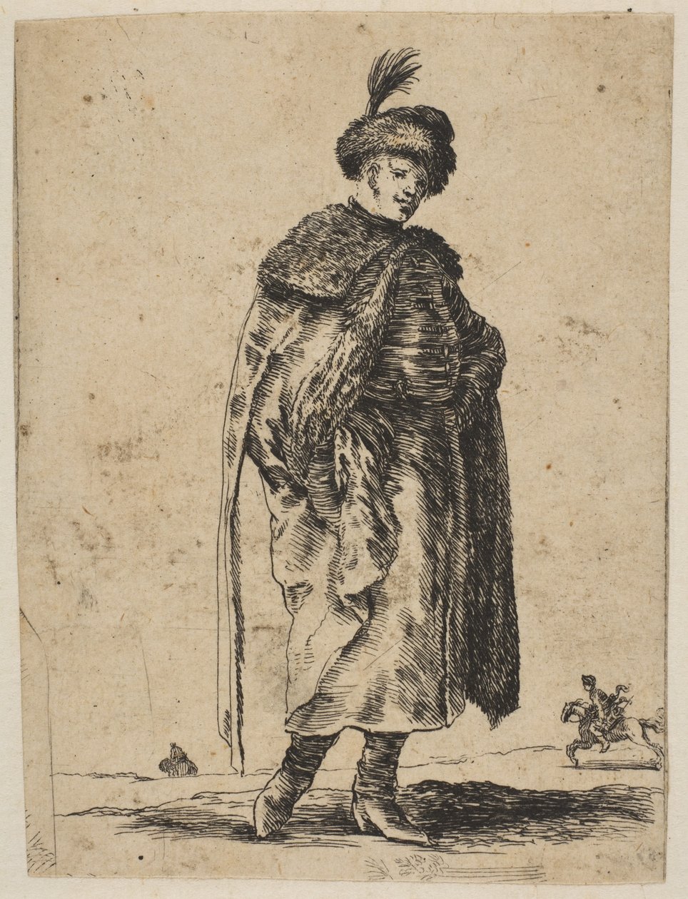 Polsk man med mustasch klädd i päls och hatt med fjäder, ca. 1648. av Stefano della Bella
