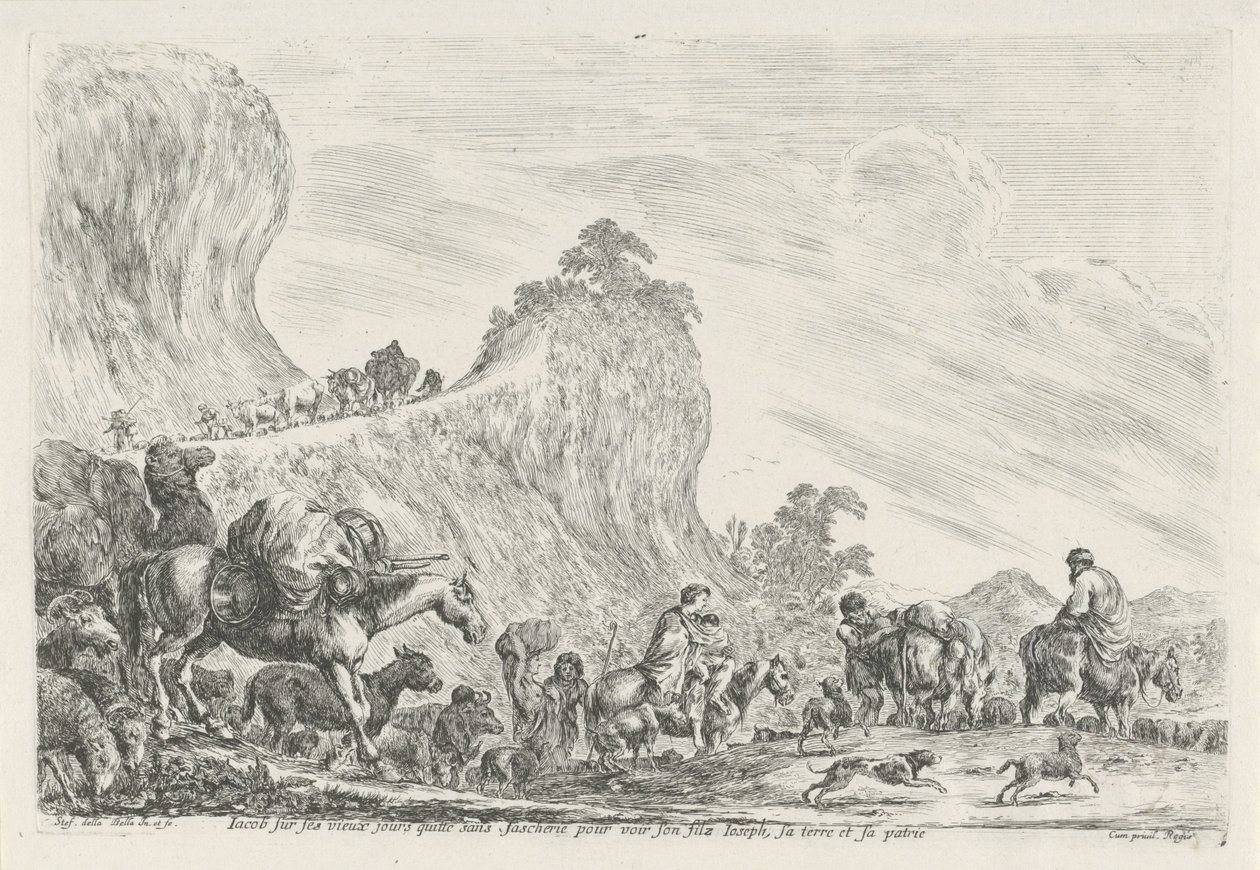 Reis van Jakob till Egypten Jakob på sina gamla dagar lämnar utan ilska för sin son Joseph, land och hans hemland (titel på objekt) av Stefano della Bella