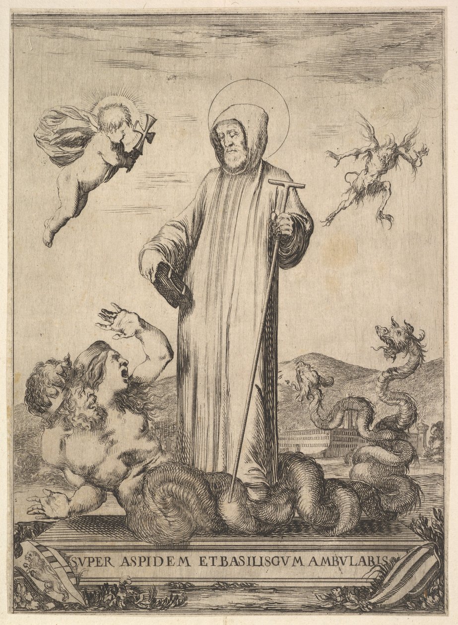 Saint Jean Gualbert trampar ett monster med två människohuvuden och en ormkropp, en fluga..., 1640. av Stefano della Bella