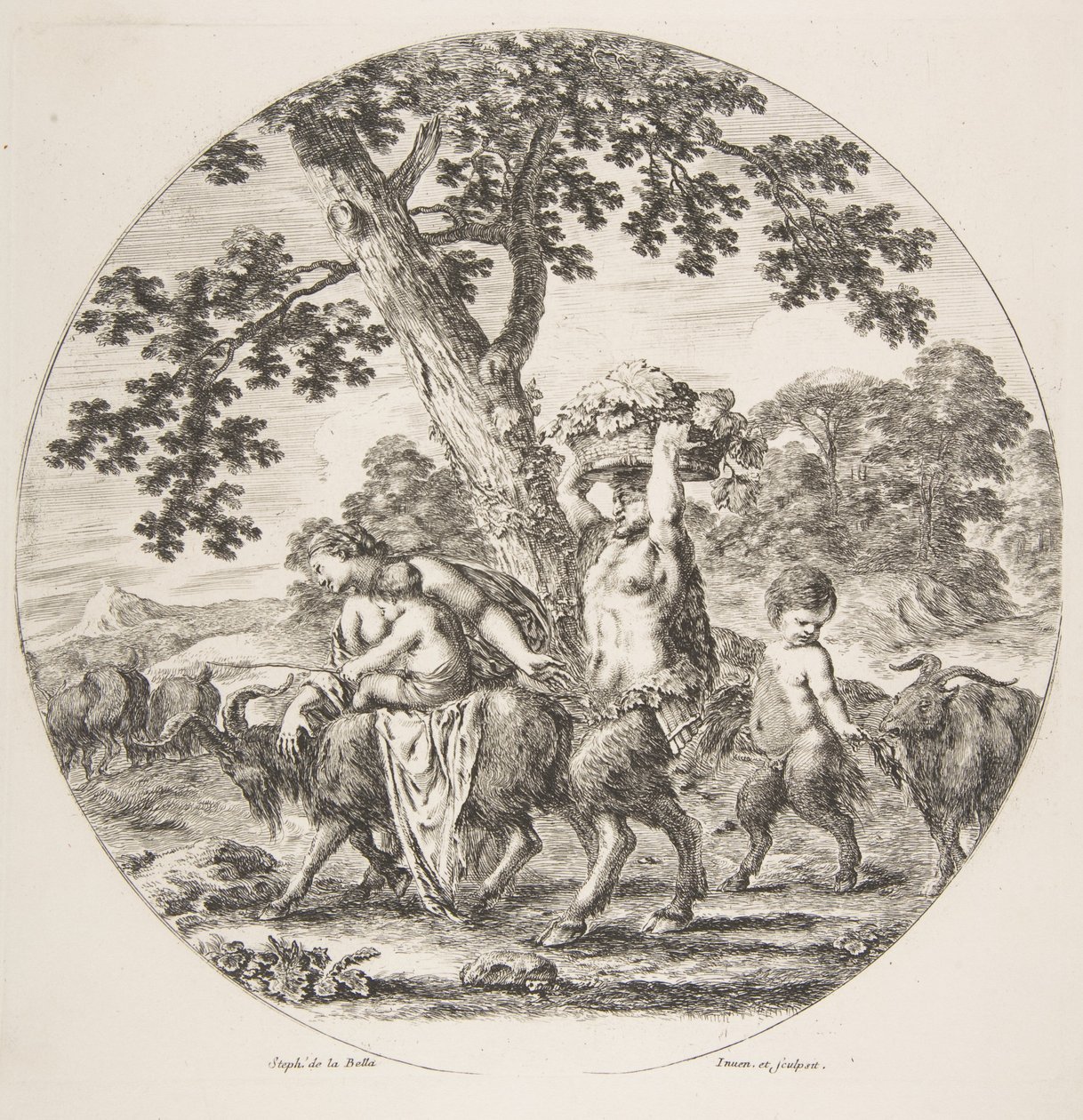 Satyrfamiljen går åt vänster med två getter och en korg med druvor, ca. 1657. av Stefano della Bella