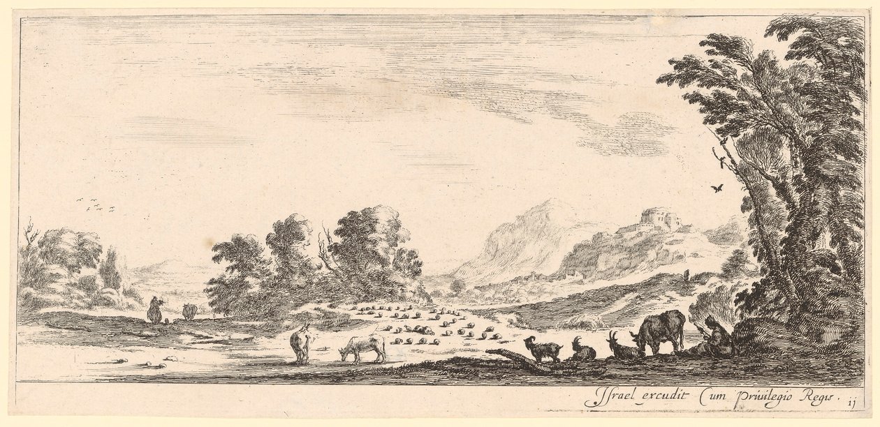 En herdinna på en betesmark med en boskapshjord av Stefano della Bella