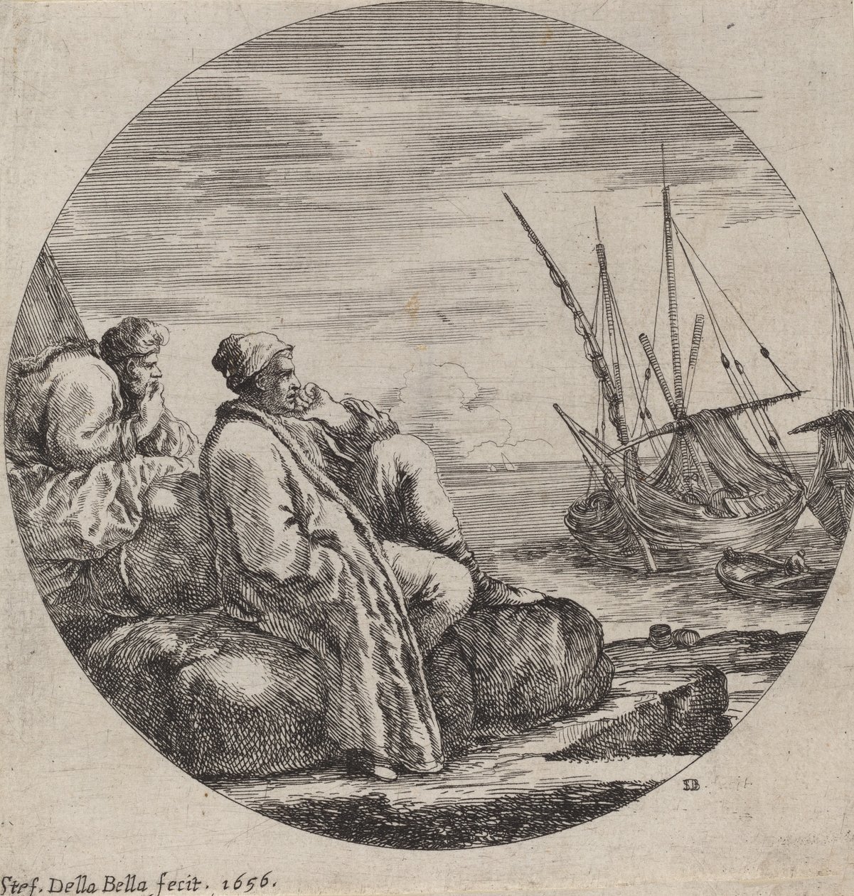 Havshamn med två turkiska köpmän, 1656. av Stefano della Bella