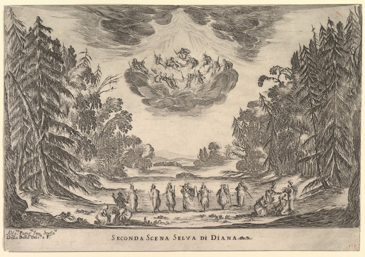 Andra scenen, i Dianas skog, från gudarnas äktenskap Le nozze degli Dei, 1637. av Stefano della Bella