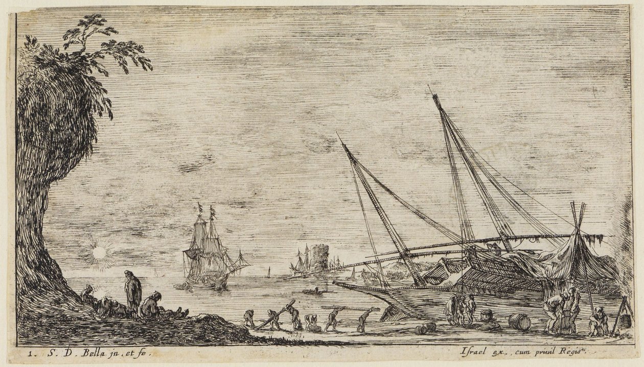 Havslandskap (Paysages maritimes): Hamn med sjömän och arbetare som transporterar timmer av Stefano della Bella