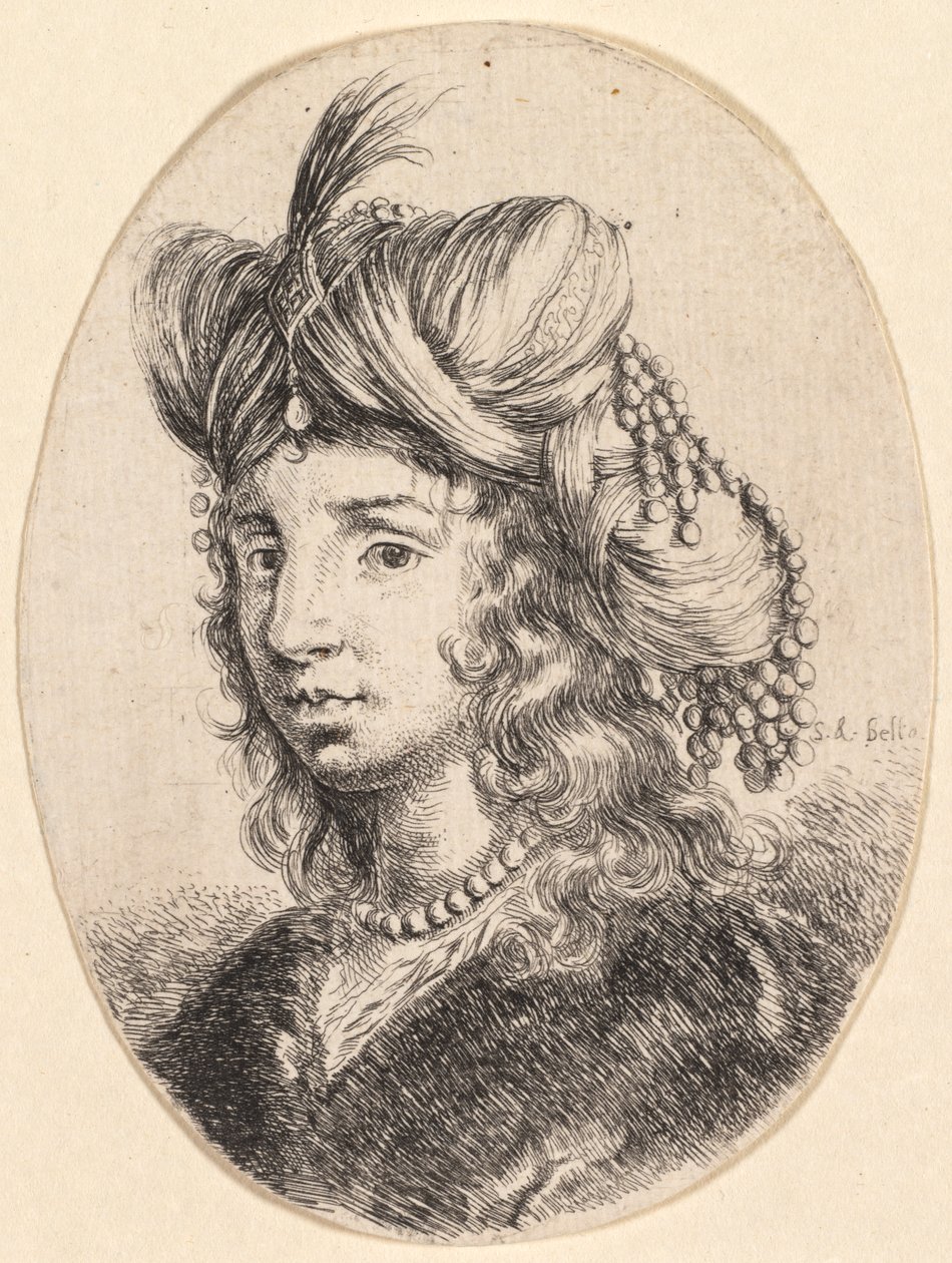 Flera huvuden i persisk stil: Porträtt, Sultana som bär ett pärlhalsband och en turban..., 1649 av Stefano della Bella
