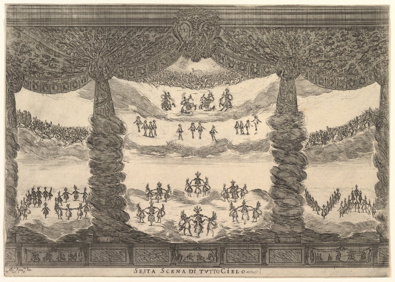 Sjätte scenen, himlen, från gudarnas äktenskap Le nozze degli Dei, 1637. av Stefano della Bella