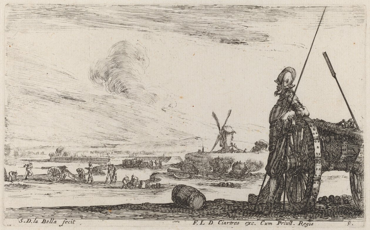 Soldat i rustning och en kanon, ca. 1641. av Stefano della Bella