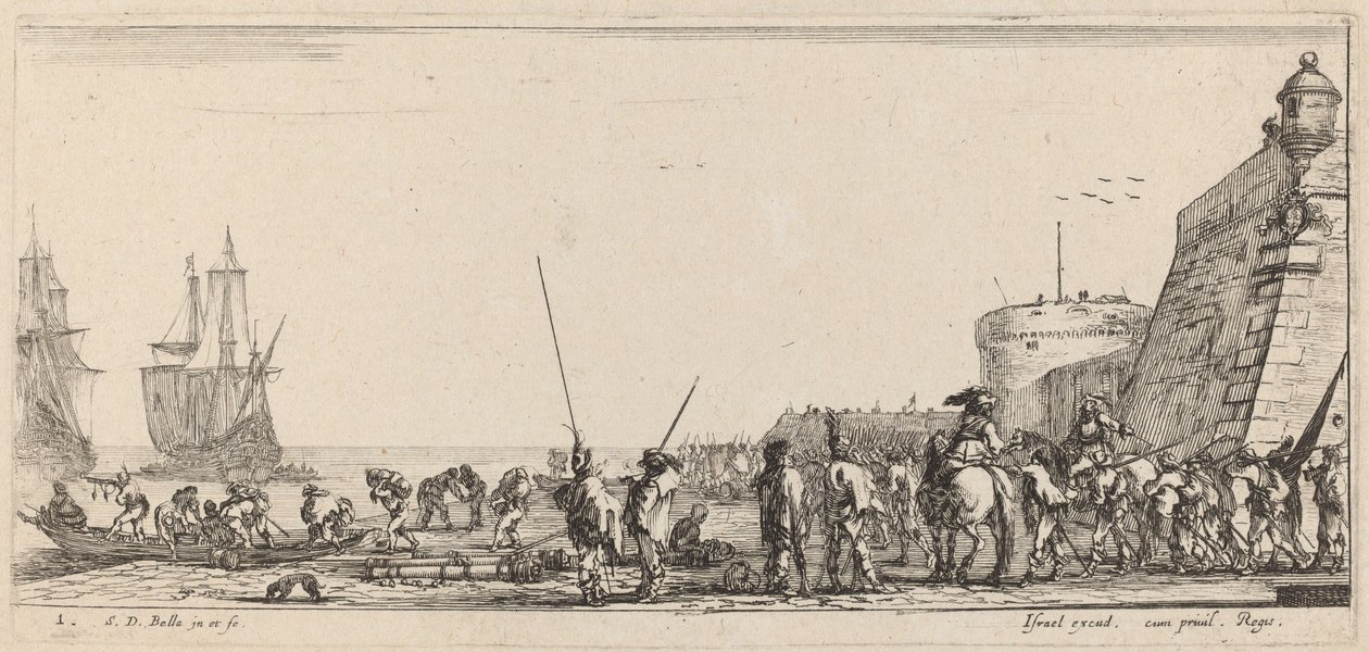 Soldater som övervakar ombordstigning, 1644. av Stefano della Bella