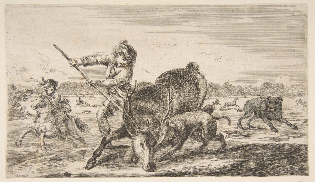 Stag at bay, från Animal hunts Jagar olika djur, ca. 1654. av Stefano della Bella