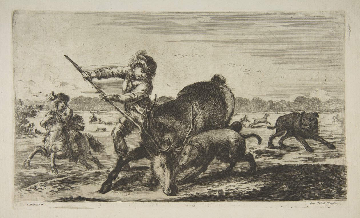 Stag at bay, från Animal hunts Jagar olika djur, ca. 1654. av Stefano della Bella