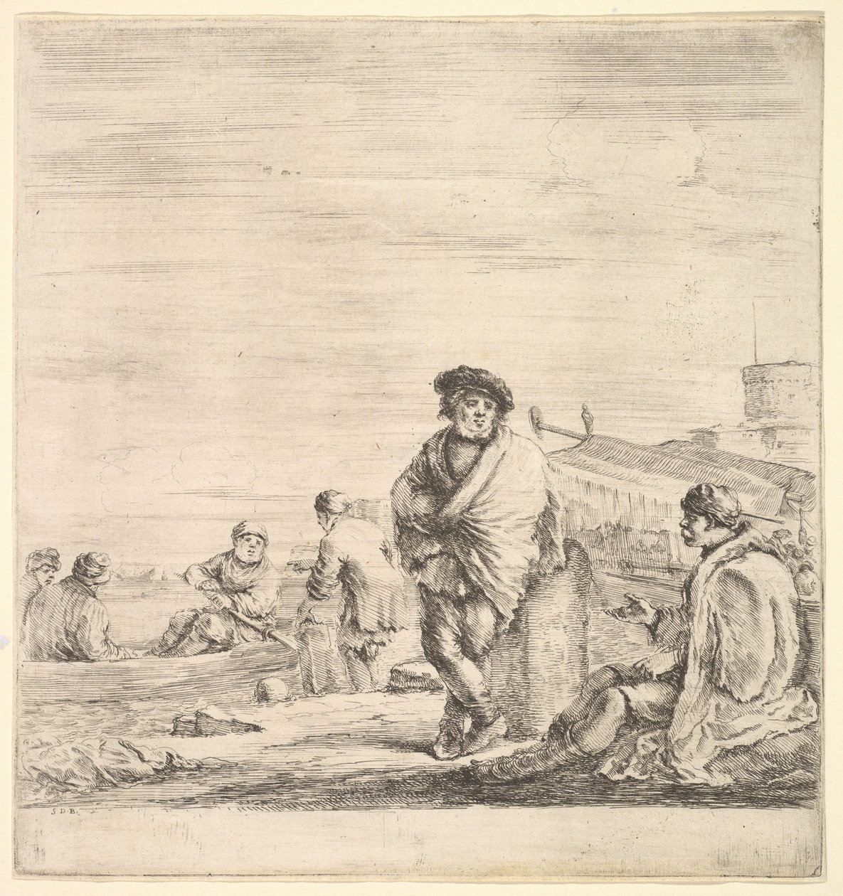 Stående sjöman i mitten pratar med en sittande levantinsk man till vänster, ses i profil..., ca. 1658-63. av Stefano della Bella